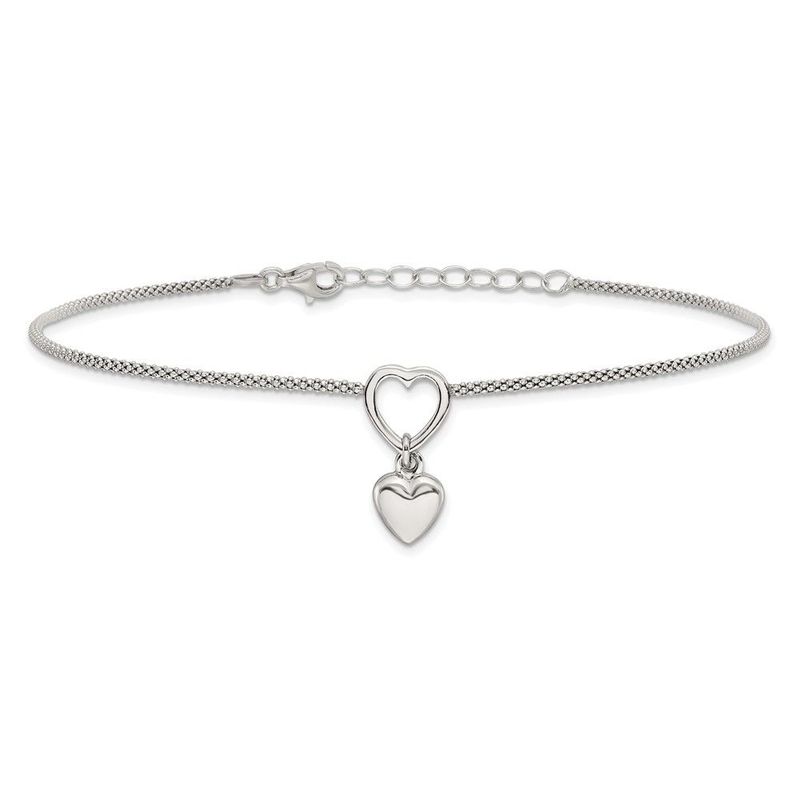 Sterling Silver Rhodium-plated Heart Dangle Charm 9in W/1in Ext Anklet_voghion.com