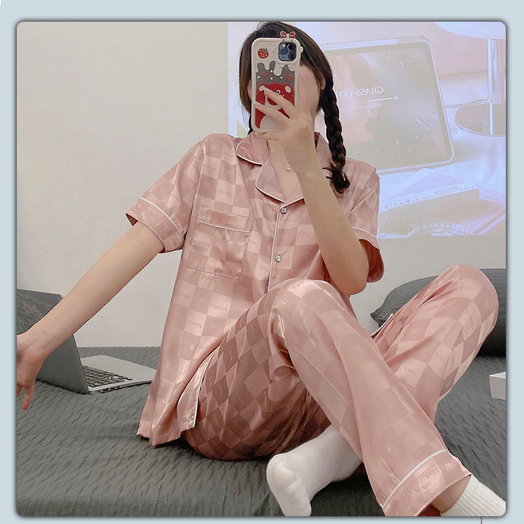 Knopfmode, lässiger Jacquard-Pyjama, Damen-Langarm-Eisseide-Hauskleidung, zweiteiliger Anzug, kann draußen getragen werden_voghion.com