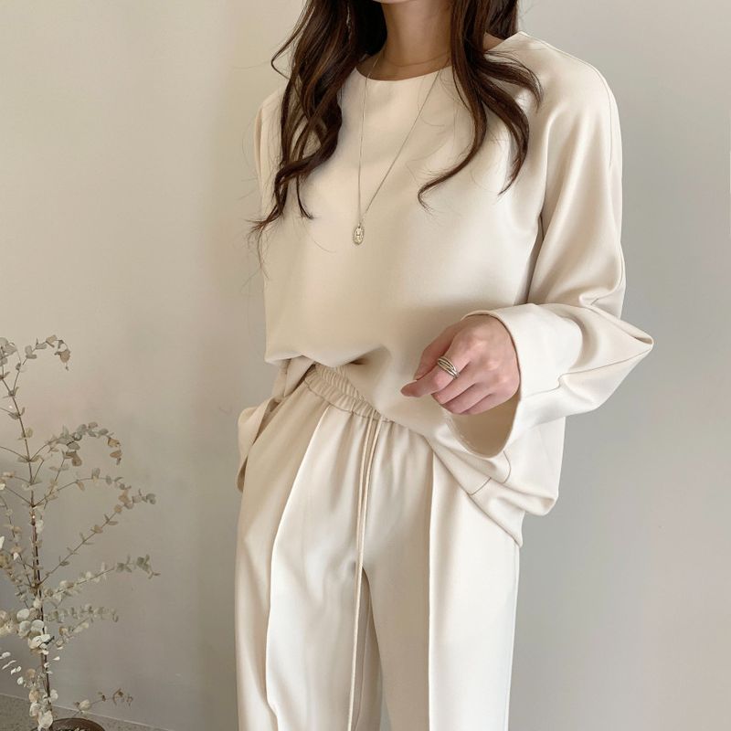 Damenbekleidung Frühfrühling Lazy Loose Sweater Hohe Taille Cover Meat Lässiger Hosenanzug mit weitem Bein für Damen_voghion.com