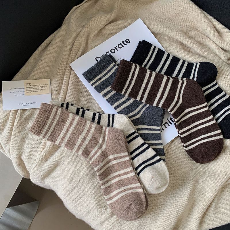 Calzini di lana per uomo e donna, caldi calzini termici a mezza lunghezza con motivo a righe, morbidi e traspiranti, calzini casual unisex per tutte le stagioni_voghion.com