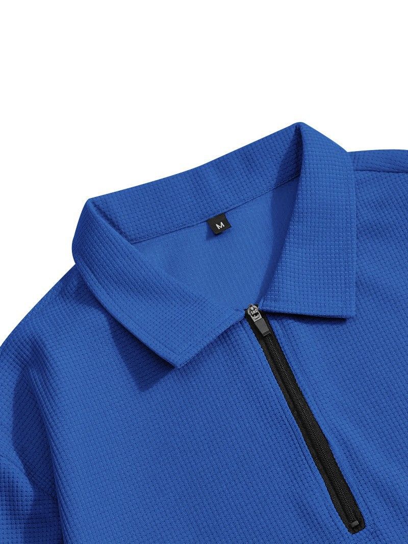 Men's Clothing Spring And Autumn Solid Color Waffle Lapel Zipper Long Sleeved Trousers Casual Suit_voghion.com