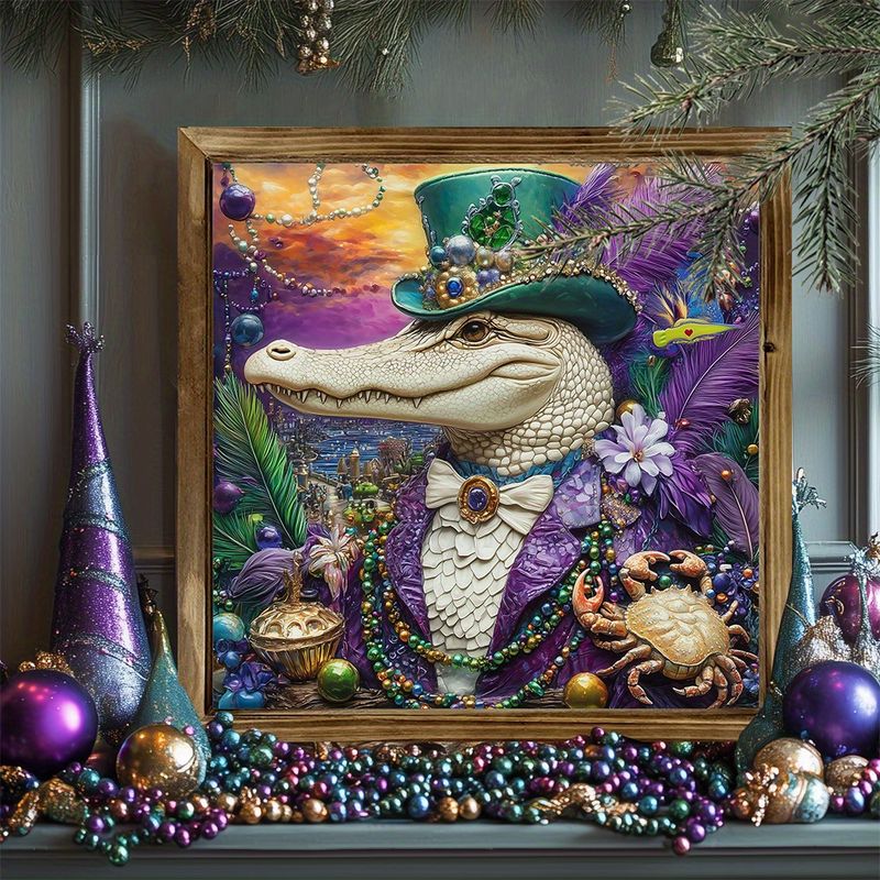 8x8 Karnevalsschild aus Holz – Mardi Gras Party-Dekor für Schreibtisch/Wohnzimmer/Büro, lebendiges gerahmtes Urlaubsgeschenk_voghion.com