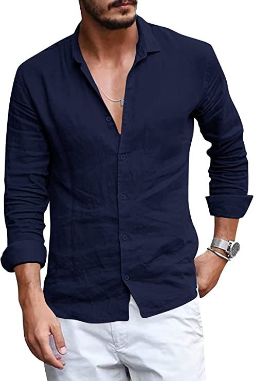 Herren Button-Down Retro Casual Langarm Weitwinkel Revers dünnes einfarbiges Hemd Herren einfaches Hemd_voghion.com