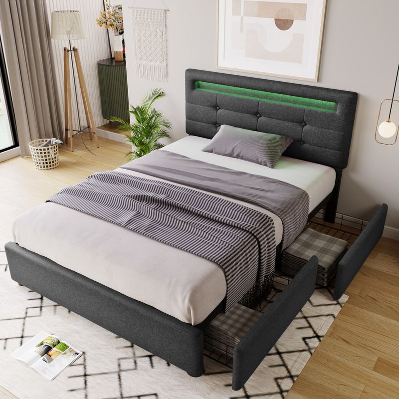Cadre de lit simple avec éclairage LED et 2 tiroirs, lit simple rembourré 90 x 200 cm, tête de lit réglable en hauteur, sommier à lattes en bois, gris (matelas non inclus)_voghion.com