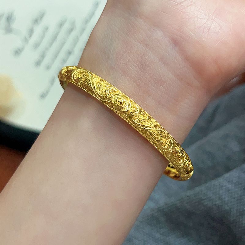 New Vietnamese Gold-Plated Ancient Method Inherited Plain Ring Curled Grass Pattern Solid Bracelet Palace Style High-End_voghion.com