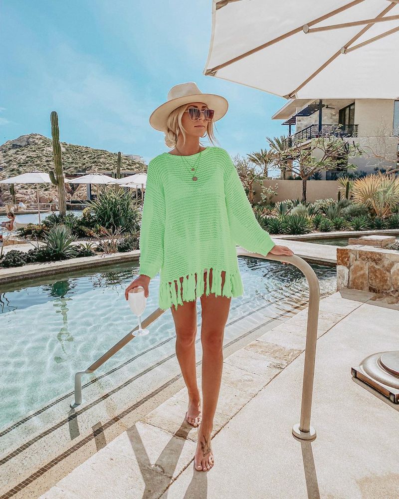 Women's Crochet Lace Fringe Beach Cover Up – Boho Chic Bikini Wrap, Lightweight Sun Protection Shirt, One Size Fits All_voghion.com