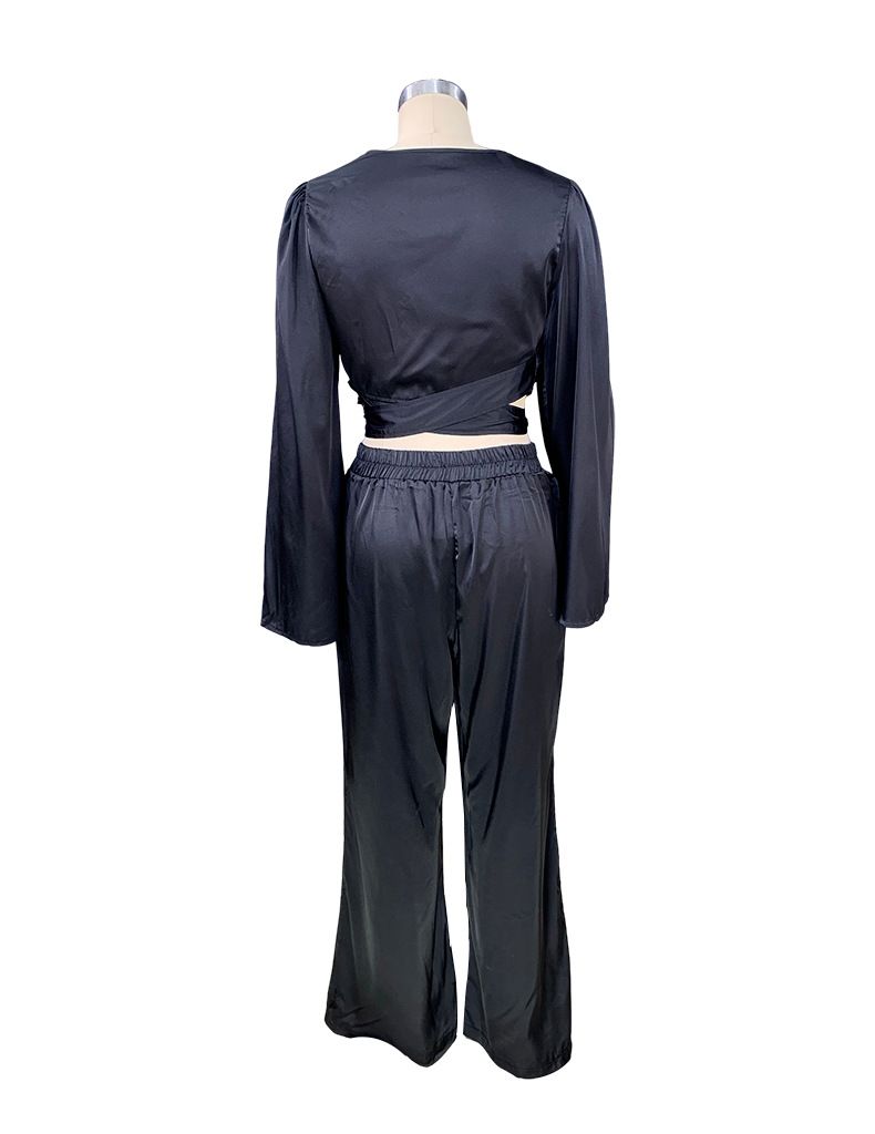 Autumn solid color long-sleeved tops straight trousers casual suit two-piece set_voghion.com