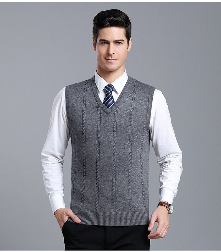 Men's Wool Blend Knit Vest, Solid Color Cable V-Neck Sleeveless Pullover, Casual Layering Piece For Autumn_voghion.com