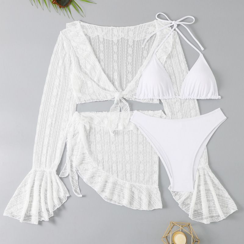 Damenbekleidung Langarm Cover Up Strandkleid Bikini Vierteiliges Set_voghion.com