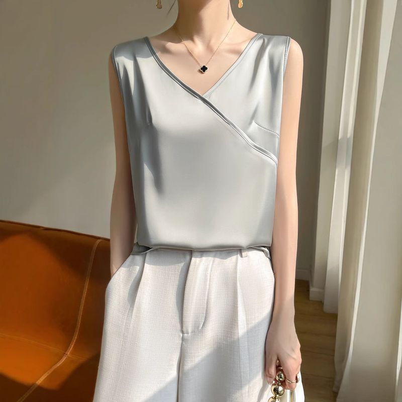 25 Nuove Canottiere Estive da Donna con Scollo a V e Interno in Raso di Seta, Senza Maniche, Larghe_voghion.com