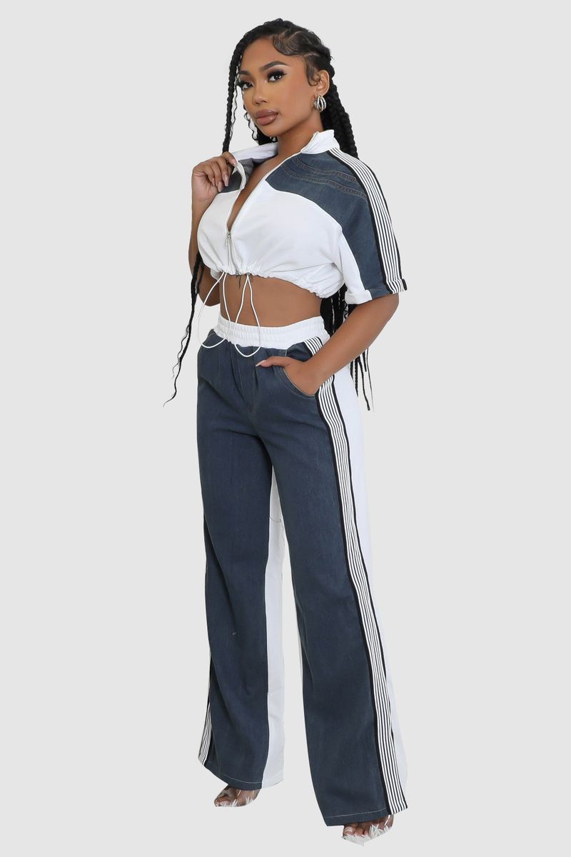Kadın Giyim Renk Blok Kontrast İki Parça Kadın Spor Giyim Kısa Üst + Geniş Paça Pantolon Takımı_voghion.com