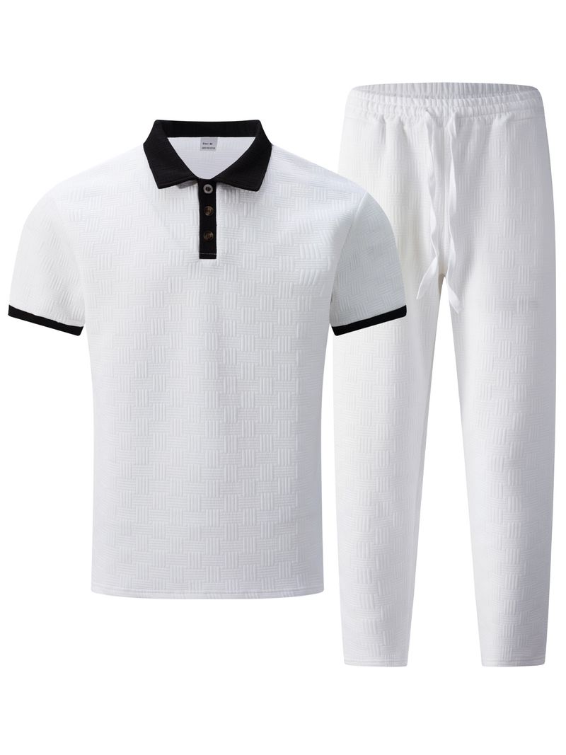 Roupas masculinas com lapela jacquard, camisa de manga curta combinando com a cor, calças, terno esportivo casual_voghion.com