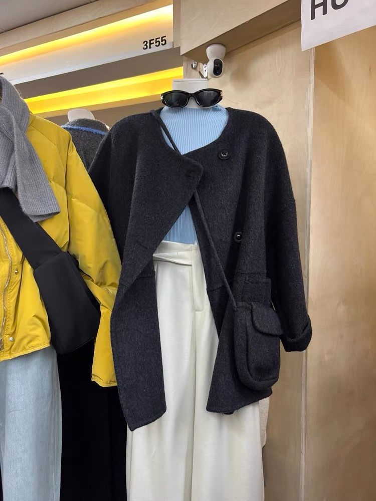 Das faule Temperament von Dongdaemun, Südkorea, Rundhals-Kaschmir-Strickjacke, Damen 2024 Herbst und Winter_voghion.com