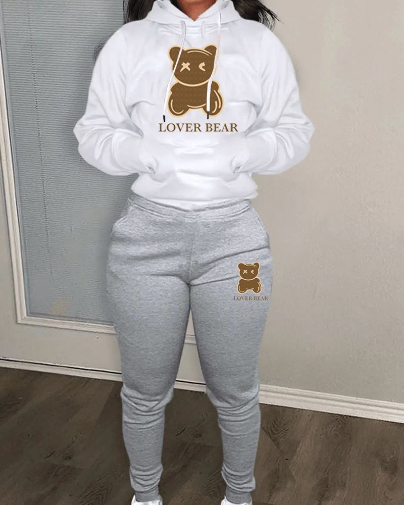 Women's Clothing suit hooded sweatshirt and sweatpants color matching bear print suit_voghion.com
