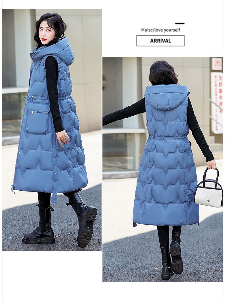 Lange Damen-Overknee-Daunenweste aus Baumwolle in Übergröße mit dicker Weste und ärmellosem Herbst- und Wintermantel mit Kapuze und dickem Clip_voghion.com