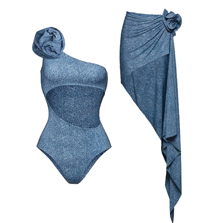 Einteiliger Damen-Badeanzug, One-Shoulder-3D-Blumendekoration, hohler Denim-Druck-Badeanzug für Damen_voghion.com