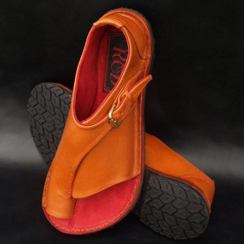 Women Sandals Women's Retro Solid Color Flat Sandals For Leather Sandals_voghion.com