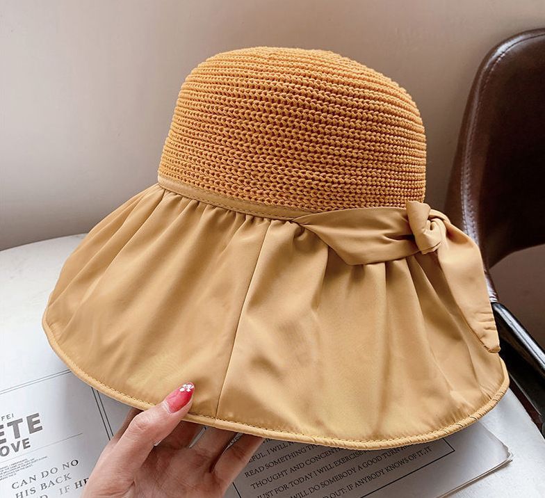 Sommer-Sonnenschirm mit schwarzer Schleife für Damen, koreanischer und japanischer Stil, UV-Schutz, breite Krempe, Gesichtsschutz, Sonne_voghion.com