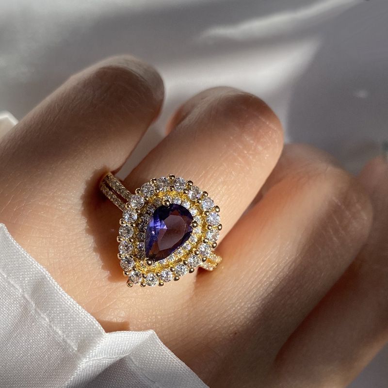 Mdalo Water Droplet Purple Group Set Imitation Mosang Radiant Ring Thick Gold Plated Colorful Treasure Light Luxury_voghion.com