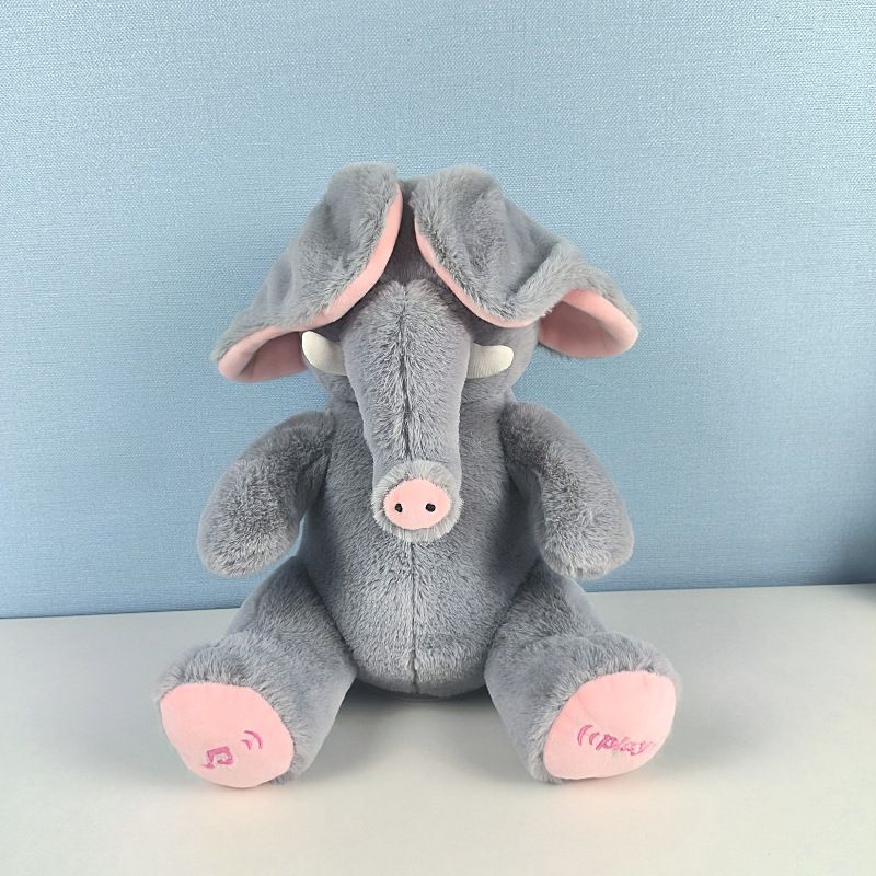 Peek-a-boo-Elefant bedeckt seine Augen, beruhigt seine Augen, Plüschpuppe kann singen, bedeckt seine Augen, elektrisches Elefantenspielzeug_voghion.com