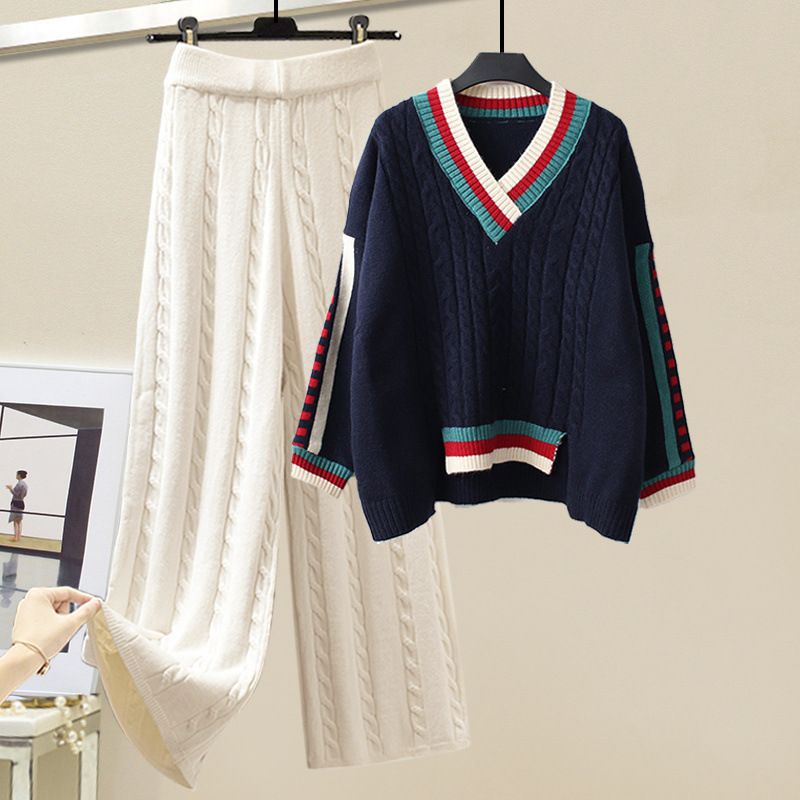 Women's Clothing Large Size Women's Winter Suits For Women New Lazy Style Loose Sweaters Slim And Versatile Wide Leg Pants Two Piece Suit_voghion.com