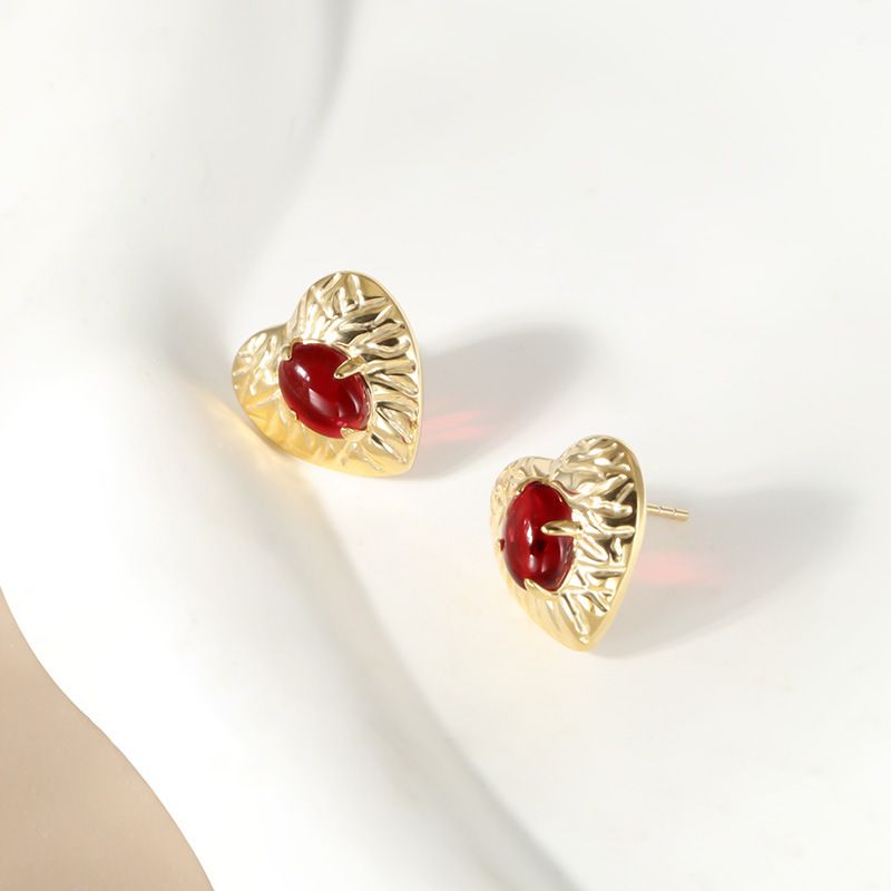 Orecchini in argento sterling con zirconi rossi, orecchini a forma di cuore, leggeri e di lusso, per autunno e inverno, gioielli di alta gamma da donna._voghion.com