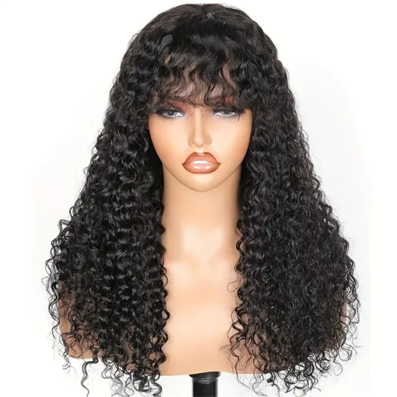 Water Wave Wig With Bangs Human Hair 100% Curly 180 Density Brazilian Machine Made Wigs_voghion.com