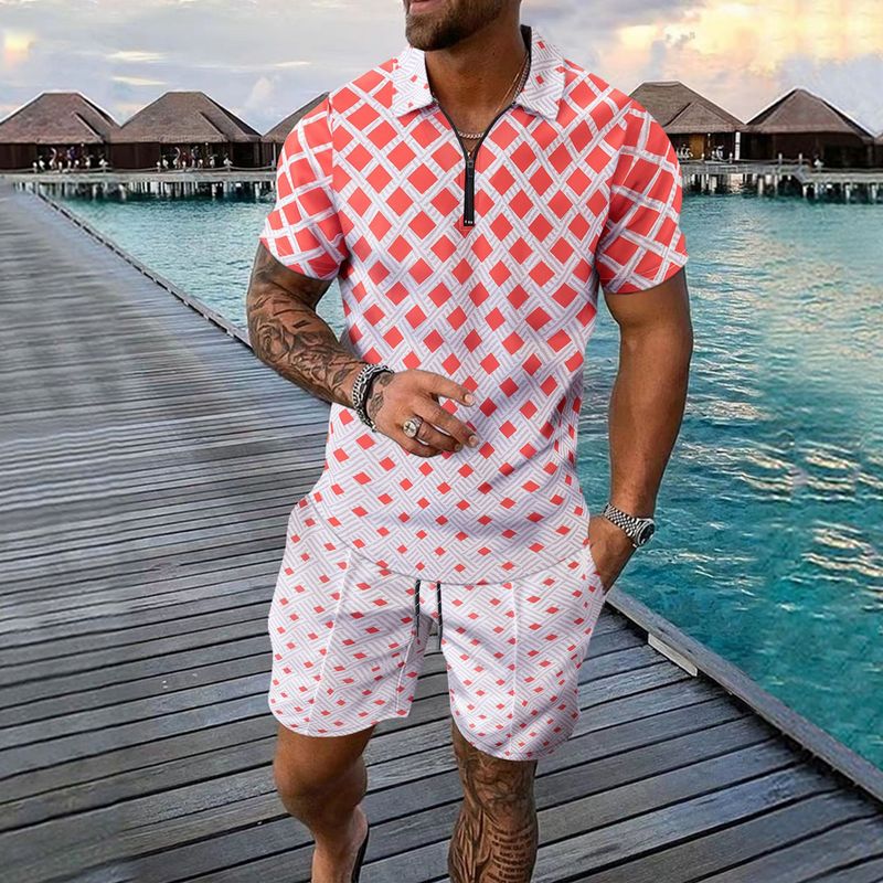 2025 Summer New Men's Casual Beach Coconut Print Short Sleeve Shorts Two-piece Casual Men's Summer Suit_voghion.com