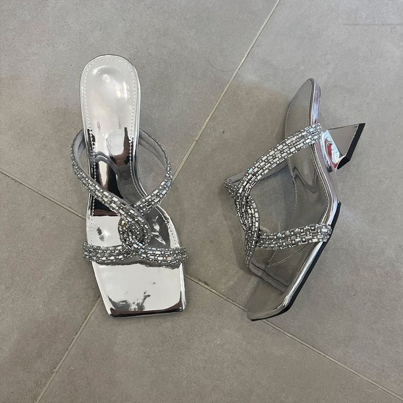One-Strap Women's Summer New French Style Elegant Mid-High Sandals For Outdoor Wear Simple Square Toe Thin Heel Slippers_voghion.com