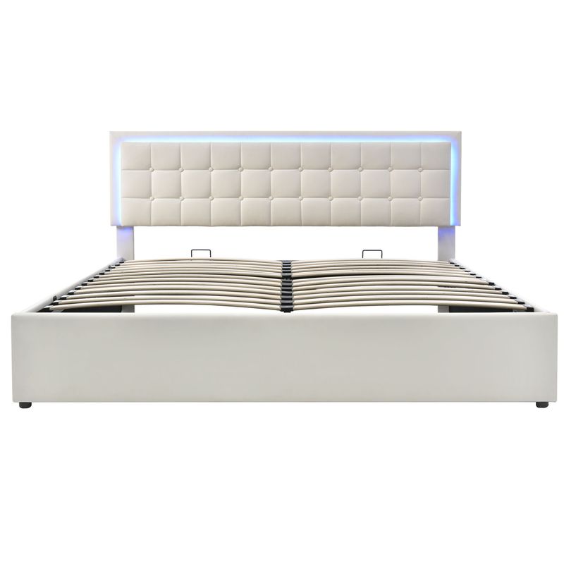 Lit double 140 x 200 cm avec sommier à lattes et rangements, avec bande lumineuse LED, cadre de lit rembourré en similicuir blanc._voghion.com