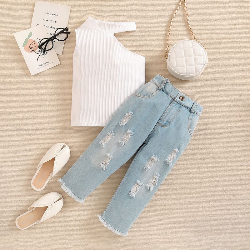 Småjenteklær Fasjonable jentedresser Nye sommerklær Jentekjoler med bare skuldre Ripped Jeans Dress med to deler_voghion.com