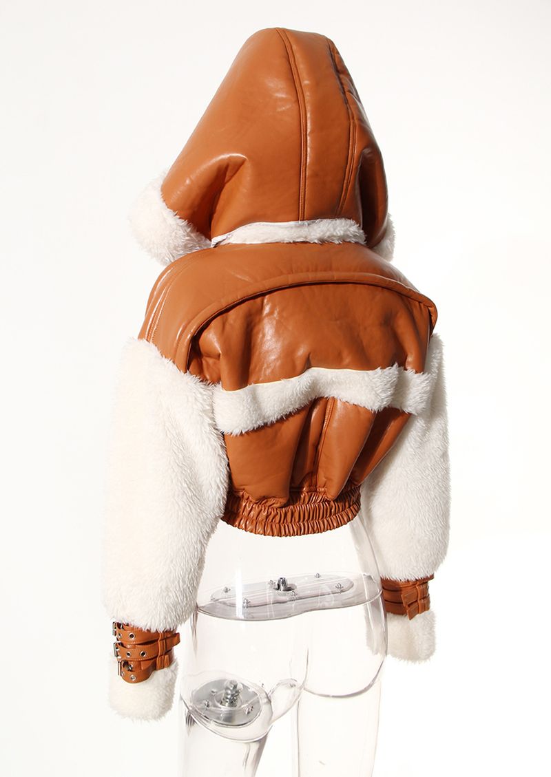Fur one-piece lamb fur short coat women's winter American retro stitching contrast color hooded motorcycle jacket top_voghion.com