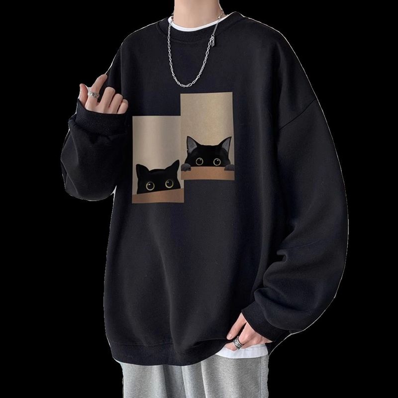 Felpa girocollo senza cappuccio con stampa di gatto pigro chic per uomo, giacca in pile alla moda per giovani, autunno inverno_voghion.com