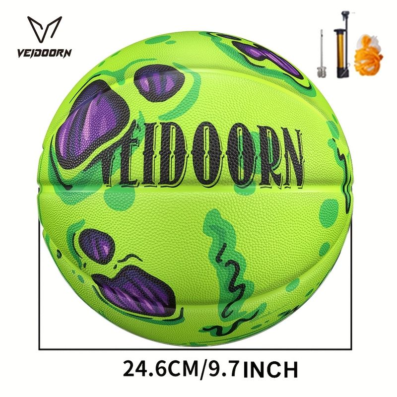 Pallone da basket in gomma n. 7 - Verde neon con logo V nero e macchie viola/nere, resistente, per allenamento indoor e outdoor_voghion.com