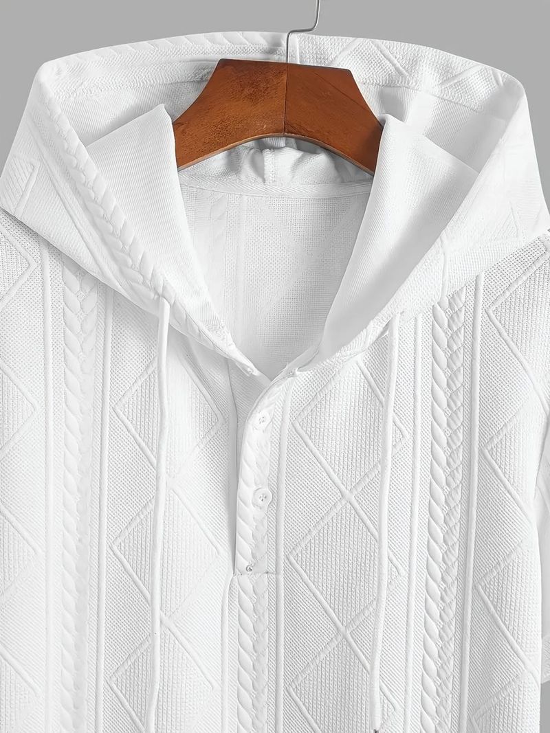 T-shirt con cappuccio e stampa elegante da uomo, comoda e traspirante, a maniche corte, con scollo a bottoni, per un abbigliamento casual._voghion.com