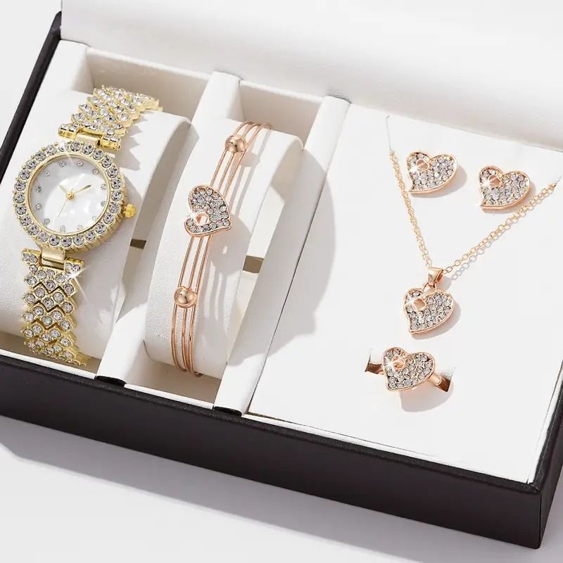 Set de 6 ceasuri de damă cu cuarț din oțel fără solzi și diamante + set de bijuterii cu inimă_voghion.com