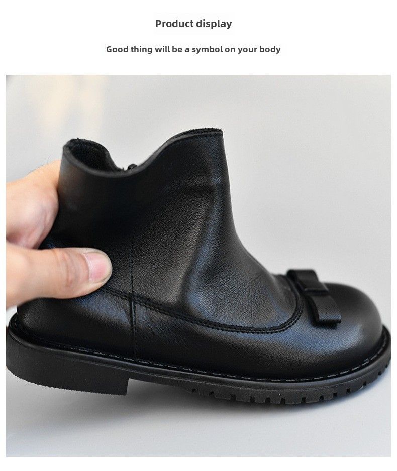 Sapatos infantis meninas sapatos de couro preto princesa Martins botas outono e inverno único algodão médio tubo curto fundo macio lã zíper_voghion.com