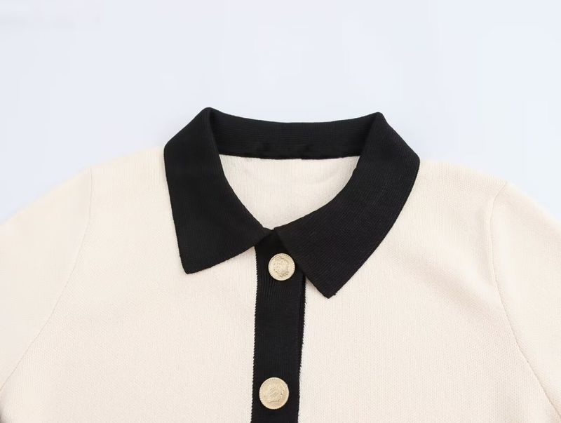 Abito a maniche corte con colletto ribaltabile, fibbia dorata profumata, autunno/inverno 2024 da donna_voghion.com