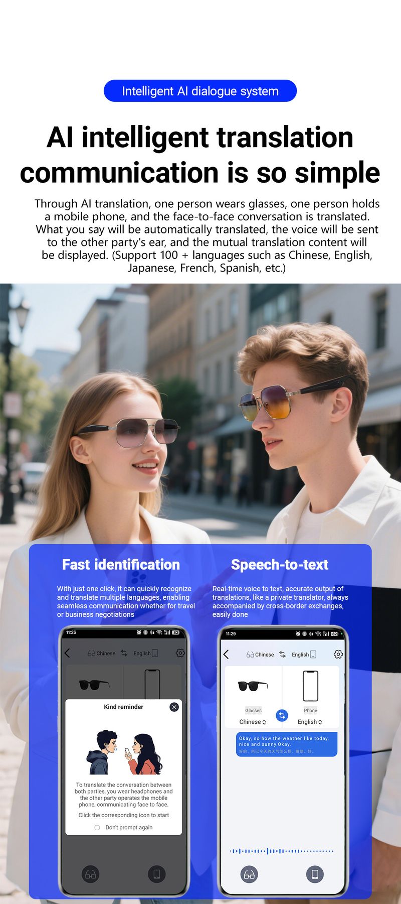 Smart Bluetooth Glasses With 100+ Language Translation, Music Playback & Call Function For Men And Women Smart Glasses_voghion.com