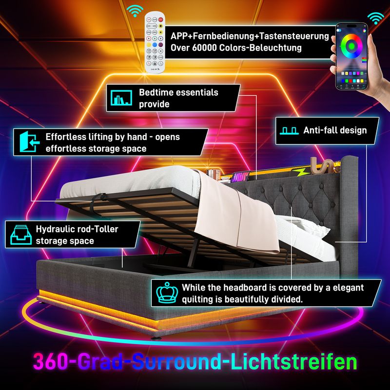 Lit double 180 x 200 cm, lit coffre hydraulique en lin gris avec éclairage LED panoramique à 360°, commande tactile/application/télécommande, chargement USB Type-C, tête de lit rembourrée (matelas non inclus)_voghion.com