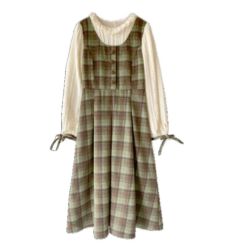 Robe longue deux pièces style collège à carreaux verts, mode femme automne-hiver 2025, nouvelle petite taille_voghion.com