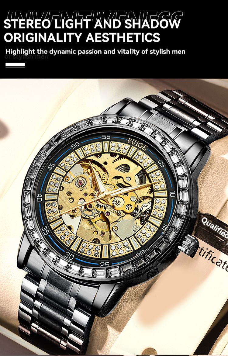 Reloj mecánico automático de lujo RUIGE para hombre, de acero inoxidable, con incrustaciones de diamantes, hueco, con brillo nocturno, resistente al agua, moderno._voghion.com