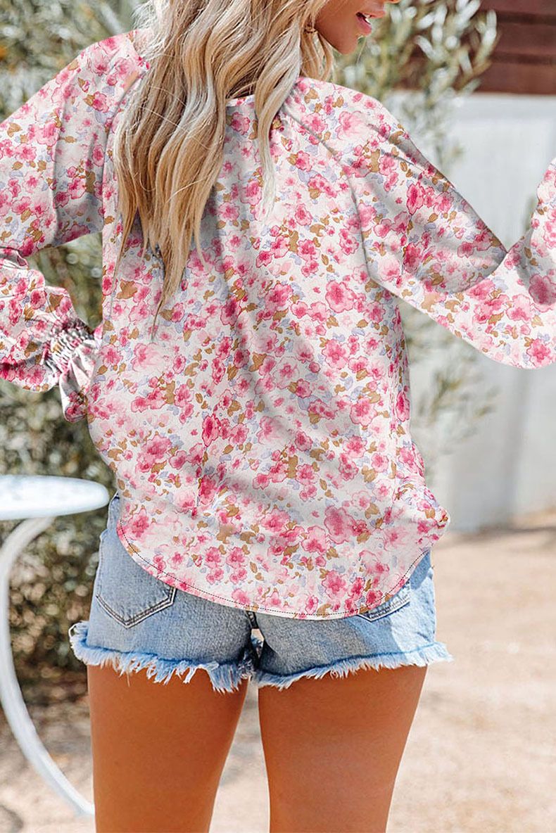Women's Clothing Loose V-neck Pullover Casual Top Long Sleeved Floral Lotus Leaf Sleeved Chiffon Shirt_voghion.com