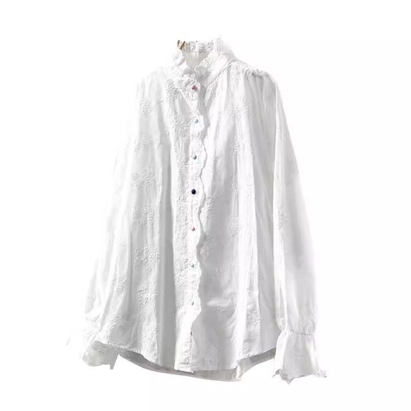 Embroidered Jacquard Long Sleeve For Women Loose Fit Youthful Spring Sweet Artistic Colorful Buttoned Base Shirt_voghion.com