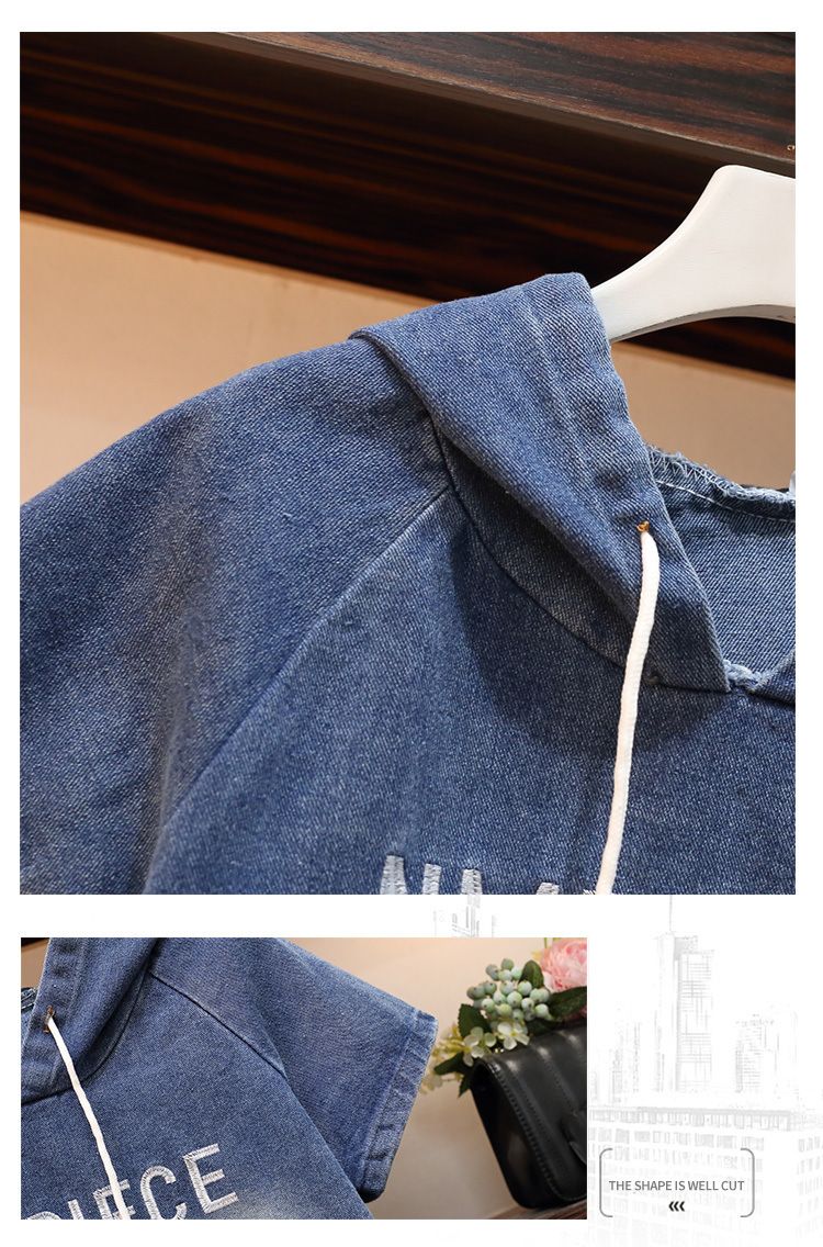 Sommermode Denim Zweiteiler Anzug Elastische Hose Kapuzenjacke Damen Weites Bein Stilvoll Locker Schlank Zweiteiler Set_voghion.com