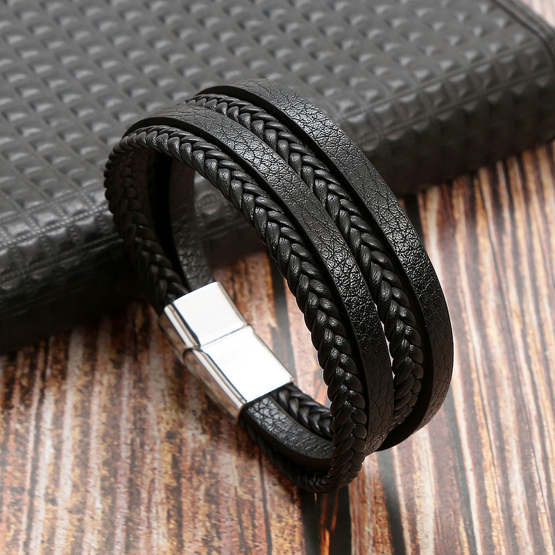 new leather hand woven bracelet men's magnet buckle stainless steel bracelet jewelry women's_voghion.com