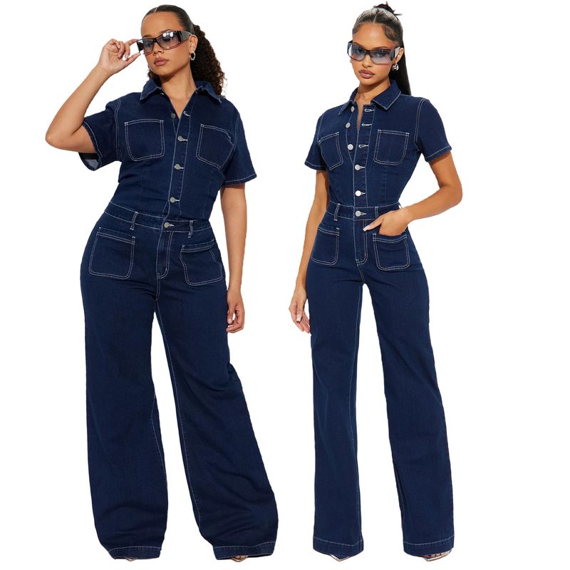 Mono vaquero holgado, elástico, acampanado, lavado, de manga corta, con pantalones de pierna ancha_voghion.com