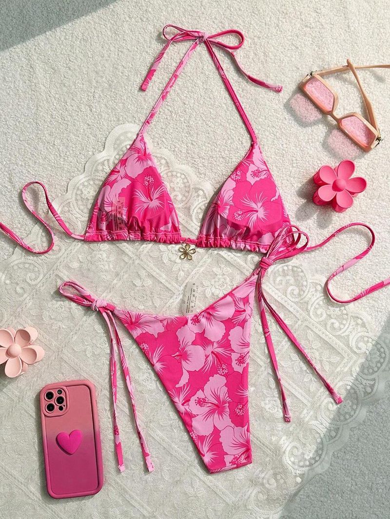 Traje de baño de bikini con efecto tie dye para mujer, sexy, con cuello halter y lazo, con bolso triangular._voghion.com