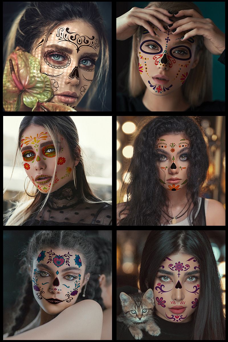 Tatouage visage Halloween Fleurs Autocollants de tatouage Jour des morts Autocollants de maquillage de fête_voghion.com