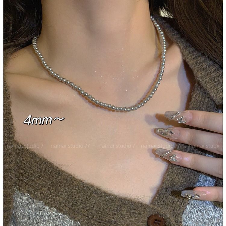 French Silver Gray Glass Pearl Necklace with Layered New Cool Style Neckchain Light Luxury and Small to Medium High end_voghion.com